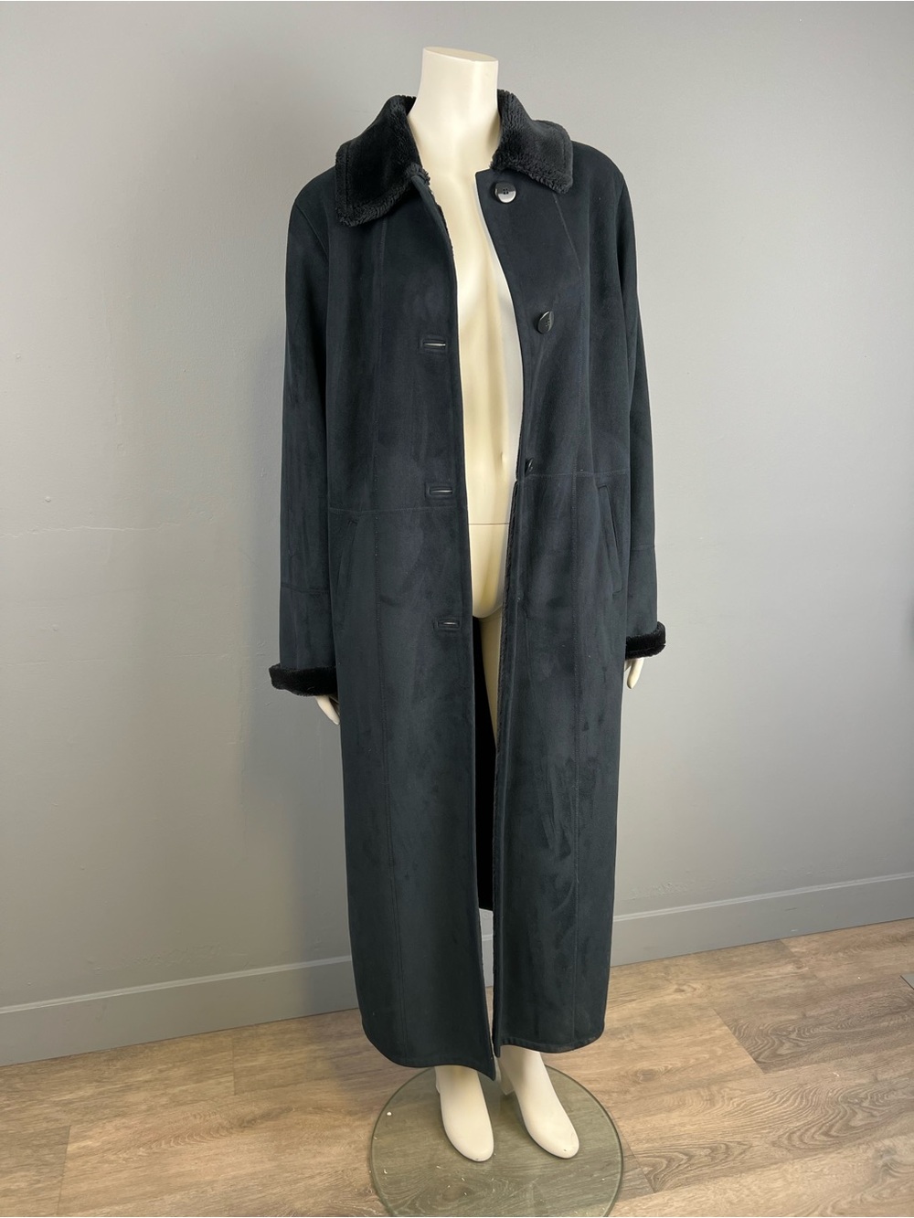 Long Navy Faux-Suede Coat with Plush Faux Fur Collar